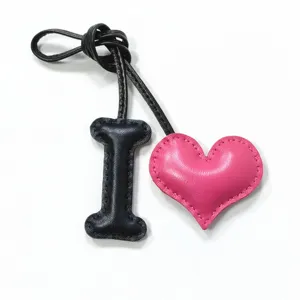 Detailed shot of the leather letter I and pink heart bag charm, showing fine stitching.
