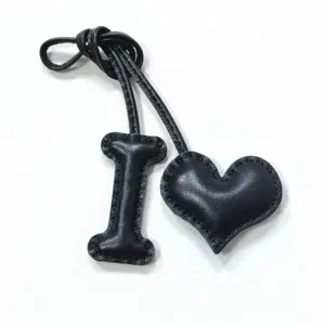 Black leather letter I and heart bag charm handmade stitched car pendant keychain accessory