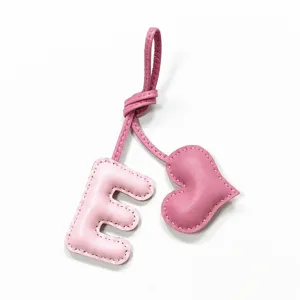Handmade pink leather letter E and heart bag charm, cute keychain for women handbags and car.