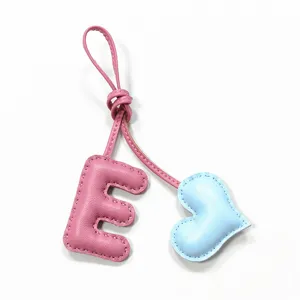 Handmade leather letter E and heart bag charm, cute pink and blue purse pendant accessory for women.