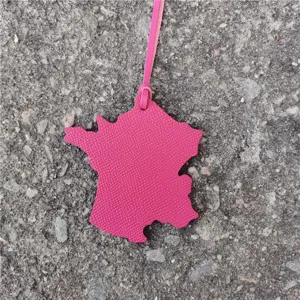 Pink leather France map bag charm, elegant handbag pendant and cute car hanging accessory.