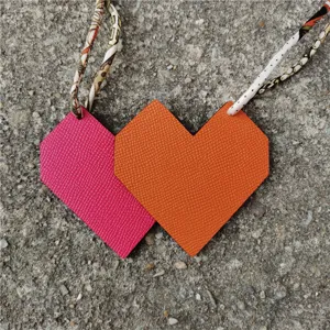 Dual heart leather bag charm pendant with colorful twilly ribbon strap accessory