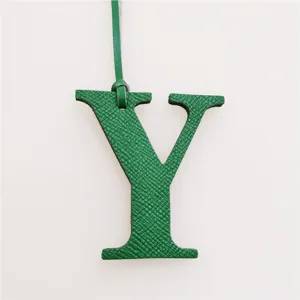 Green leather letter Y bag charm initial pendant luxury style handmade accessory keychain.