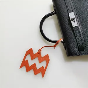 Aquarius Zodiac Leather Bag Charm Genuine Cowhide Litchi Grain Wave Pendant For Handbag Purse Backpack Keychain Accessory