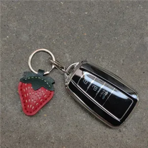 Handmade leather strawberry keychain with car key fob cover cute bag charm gift pendant.