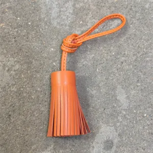 Genuine leather tassel bag charm handmade car mirror hanging orange lambskin keychain accessory