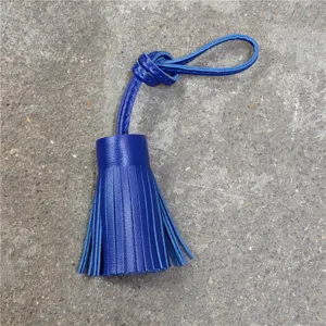 Blue leather tassel bag charm handmade sheepskin rearview mirror pendant accessory for women