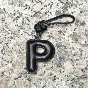 Black leather letter P bag charm, initial alphabet keyring pendant for women handbag car accessories.