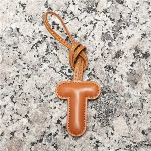 Light brown leather letter T bag charm, initial keychain pendant for women handbags and car use.