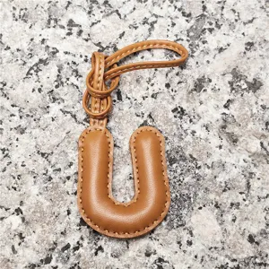 Light brown leather letter U bag charm, sheepskin initial pendant for women handbag accessories.