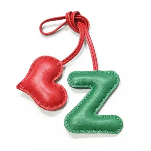 Leather alphabet Z and heart bag charm, handmade stitching, cute purse pendant.