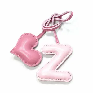 Handmade leather letter Z and heart bag charm, cute pink keychain pendant for women handbags.
