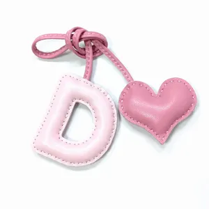 Pink leather letter D bag charm with cute heart pendant handmade leather keychain for women