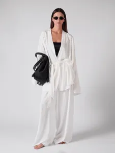 Women's loose casual long sleeve cardigan and pants loungewear resort two piece set white