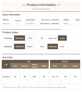 Official size chart and detailed parameters for casual long sleeve two-piece lounge set.