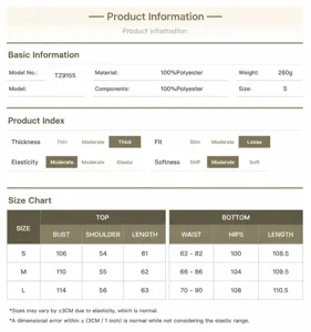 Detailed size chart and product specifications for women's two-piece casual suit setup.