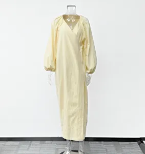 Elegantes französisches Puffärmel tiefes V-Ausschnitt Maxikleid für Damen, lässiges Design.