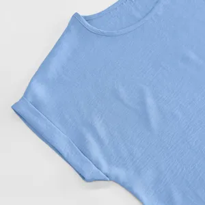 Close-up detail of light blue short sleeve blouse collar and cuff design for women.