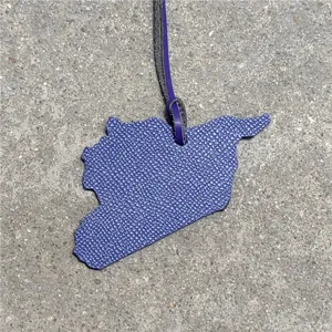 Blue leather Syria map bag charm and car hanging ornament stylish leather accessories