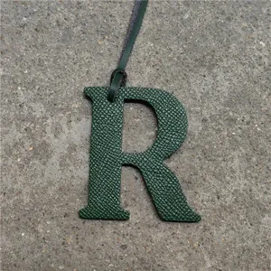 Green leather letter R bag charm initial alphabet keychain purse pendant for women
