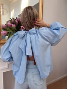 French style bow backless light blue puff sleeve blouse elegant women fashion top