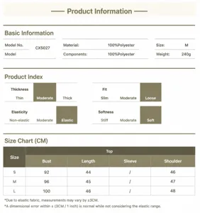 Detailed product size chart and material specification information table for women apparel items.
