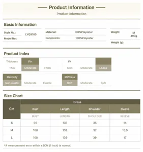 Grössentabelle und Produktdetails für französisches einfarbiges Pendler-Sommerkleid.