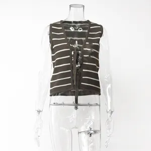 Summer casual striped knit vest for women, v-neck lace-up sleeveless sweater top chic style.