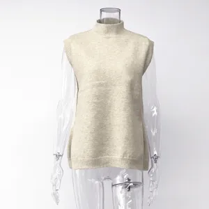 Chaleco jersey de punto beige con cuello alto sin mangas para mujer, top básico.