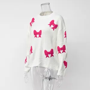 Süßer weißer Strickpullover für Damen mit rosa Schleifen-Stickerei, Langarm Freizeitoberteil.