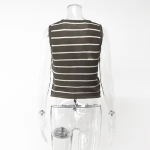 Back view detail of a summer casual brown and white striped knit vest, sleeveless top.