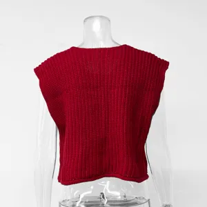 Red coarse knit sleeveless vest cardigan women casual fashion autumn winter daily wear