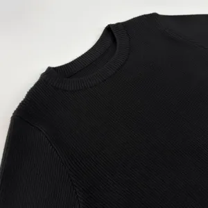 Schwarzer gerippter Strickpullover Detail, langarm Rundhalsausschnitt Slim Fit Damen Winter.