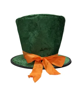 Close-up detail of the green velvet top hat with bright orange bow, festive party headwear.