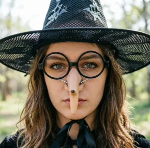 Halloween witch costume funny long nose glasses detail shot for party dress up accessories.