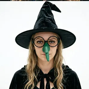 Closeup detail of Halloween witch costume set with funny long nose glasses and hat.