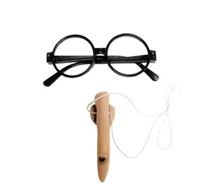 Halloween party costume accessory set with black round frame glasses and funny long nose prop.