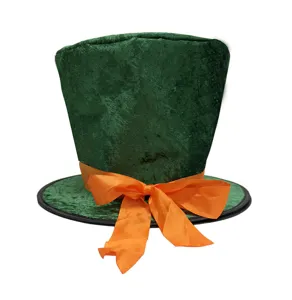 Green top hat velvet hat with orange ribbon bow costume accessory party headwear detail view