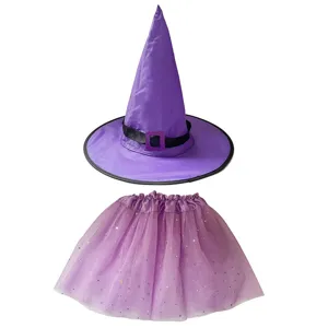 Halloween purple witch hat and tutu skirt set, perfect for cosplay parties and holiday events.