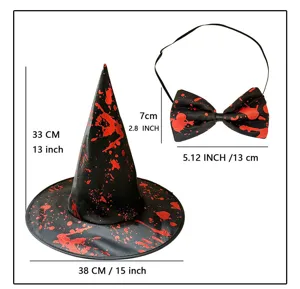 Halloween bloody witch hat and bow tie party costume accessory set with size details.