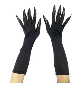 Gants de sorcière longs noirs avec de faux ongles pointus pour accessoires de costume d'Halloween.