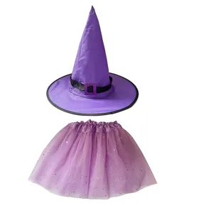 Purple witch hat and tutu skirt set, perfect for Halloween party costumes and holiday dress up.