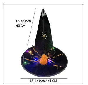 Halloween black witch hat with glowing spider and LED lights for party costume dress up prop.