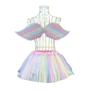 Girls Unicorn Costume Set Rainbow Gradient Wings And Tutu Skirt With Headband Printed Mesh Performance Clothing For Birthday Party Halloween
