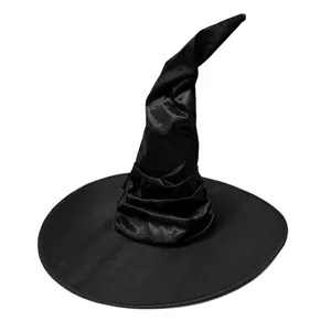Close-up of black witch hat showing pleated satin fabric, pointed bent top and wide brim design.