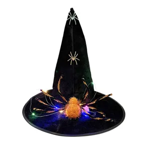 Halloween black witch hat with fluffy orange spider and colorful LED lights for party costume