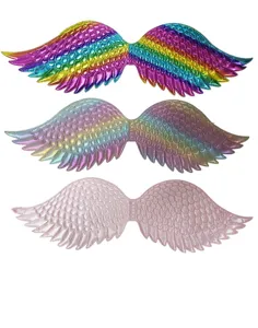 Close-up details of holographic fairy angel wings, shiny material, perfect for costume party props.
