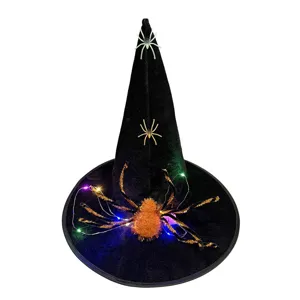 Detail view of the black Halloween witch hat featuring glowing spiders and colorful LED lights.