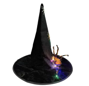 Detailed close-up view of black Halloween witch hat featuring glowing spider and LED lights.