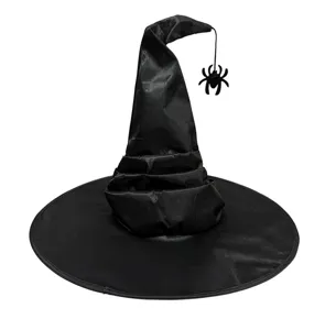 Black Halloween witch hat with hanging spider, pleated magic wizard hat for party dress up.